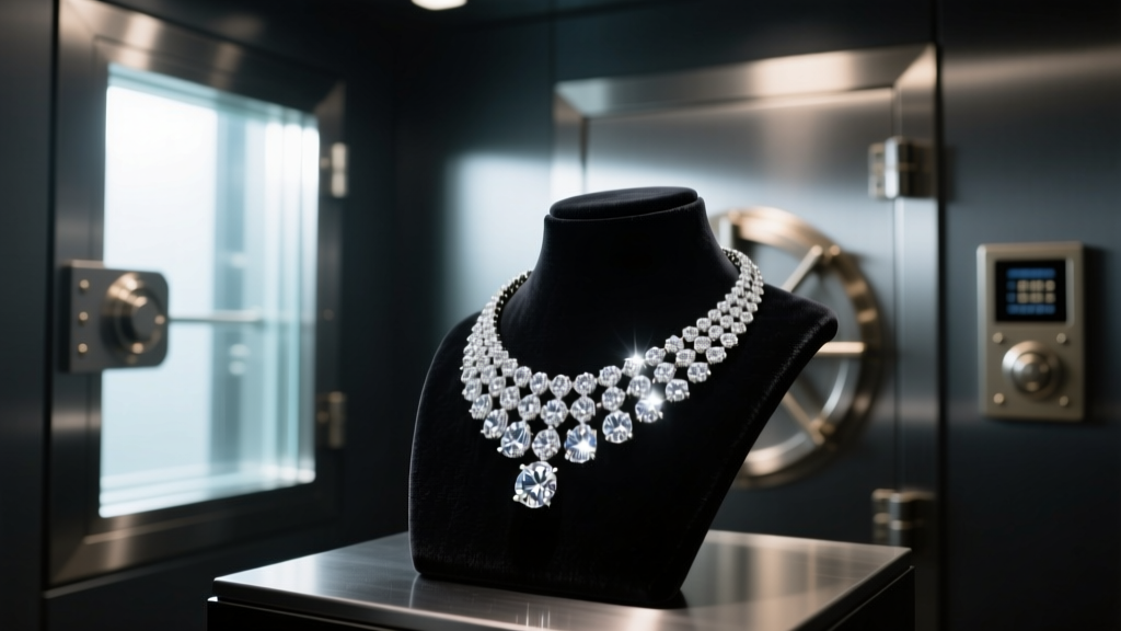 Macro shot of a secure biometric jewelry vault interior illuminating a massive diamond necklace on a dark velvet display bust