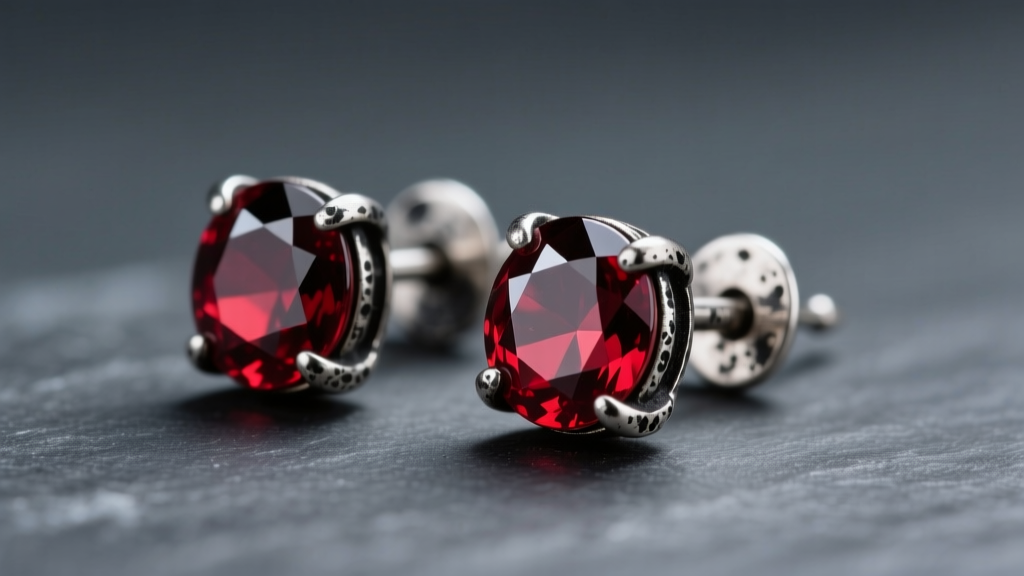 Tarnished silver stud earrings with red garnets on dark slate under soft light, showing heavy black oxidation on the metal prongs