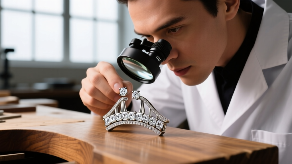 Jeweler using a 10x loupe to inspect the structural integrity of a custom bridge diamond earring setting on a wooden workbench