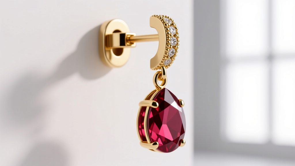 Macro shot of 18k gold leverback clasp on a ruby drop earring, showing secure locking mechanism and fine milgrain metal details.