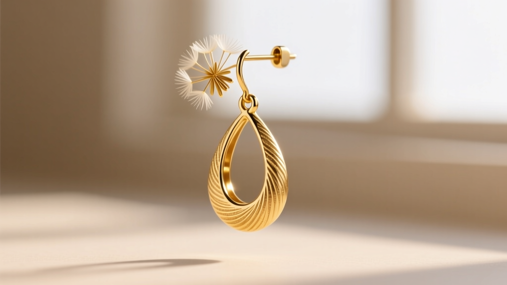 Macro side view of 18-gauge gold dandelion drop earring showing lost-wax stem textures against a blurred neutral background.