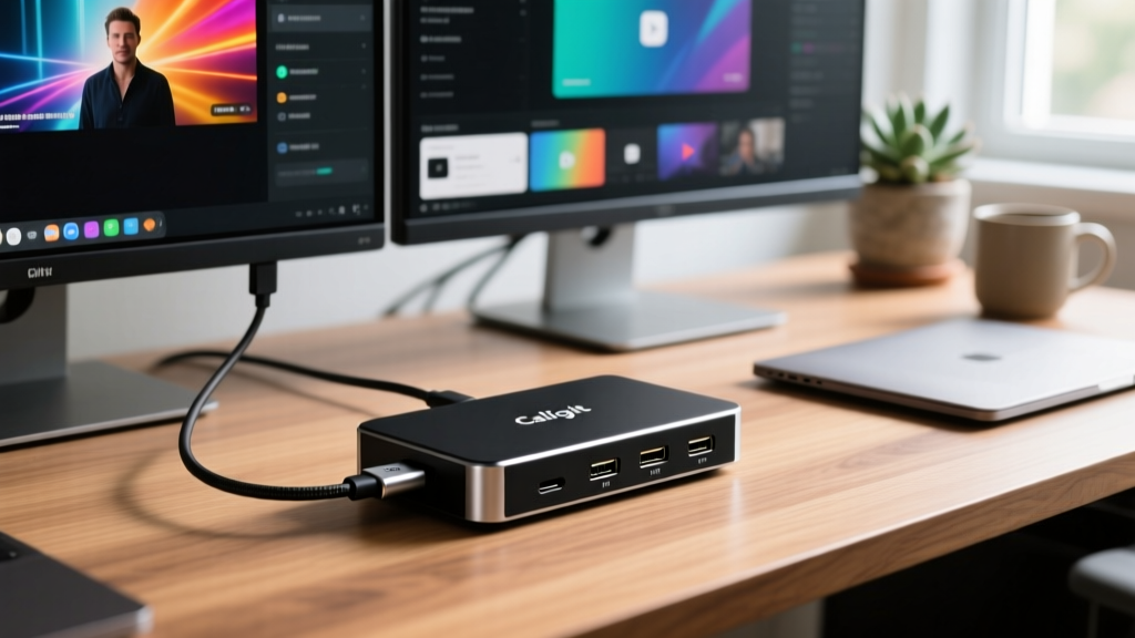 Close-up of the CalDigit TS5 Thunderbolt 5 dock connected to a single USB-C cable powering dual 4K monitors on a shallow walnut desk