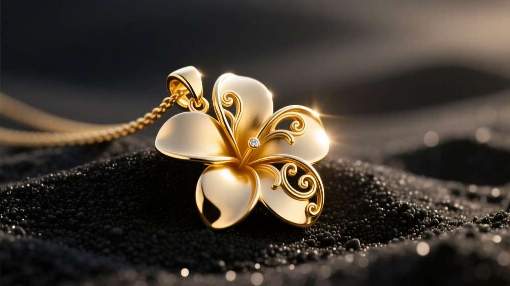 14k gold Hawaiian plumeria pendant on black sand, sunlight highlighting intricate floral engravings and polished metal textures.