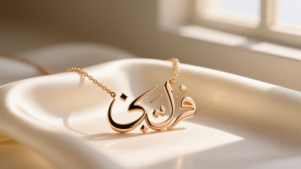 14k rose gold Arabic letter necklace with sweeping Diwani script resting on cream silk fabric illuminated by warm natural light.