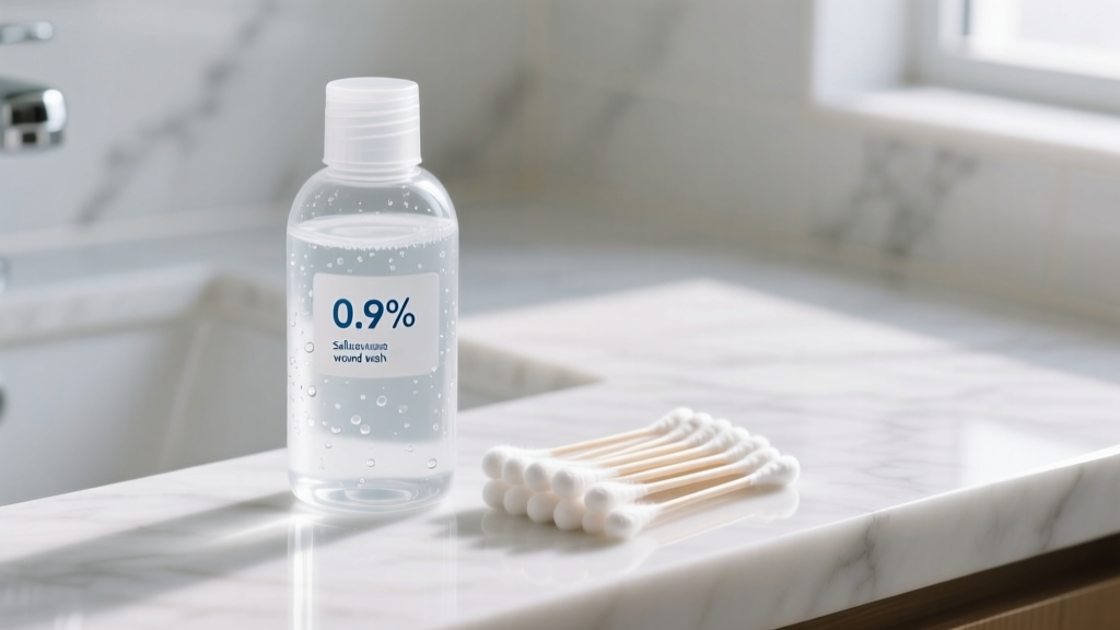 Macro photography of a sterile 0.9 percent saline wound wash bottle next to clean cotton swabs on a white marble bathroom counter