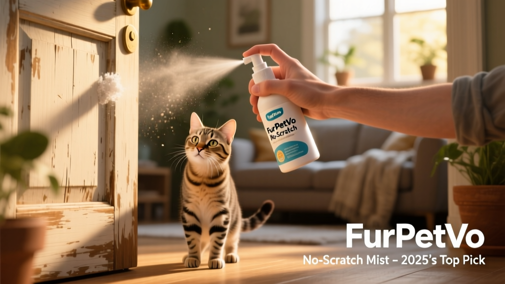 A hand spraying FurPetVo No-Scratch Mist onto a wooden door frame while a curious cat watches from a few feet away