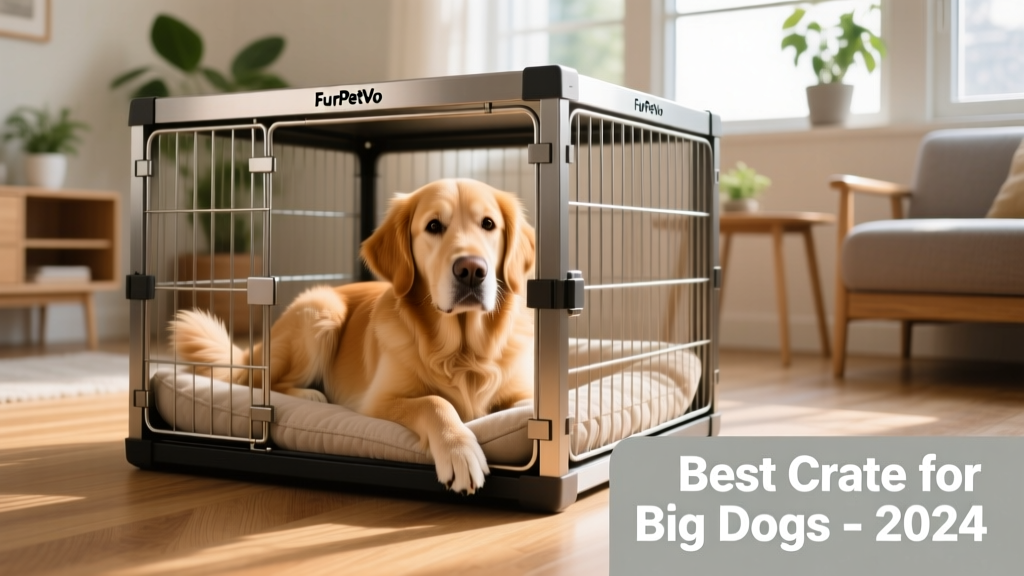 A young Golden Retriever calmly settling into a FurPetVo heavy-duty crate during early crate training