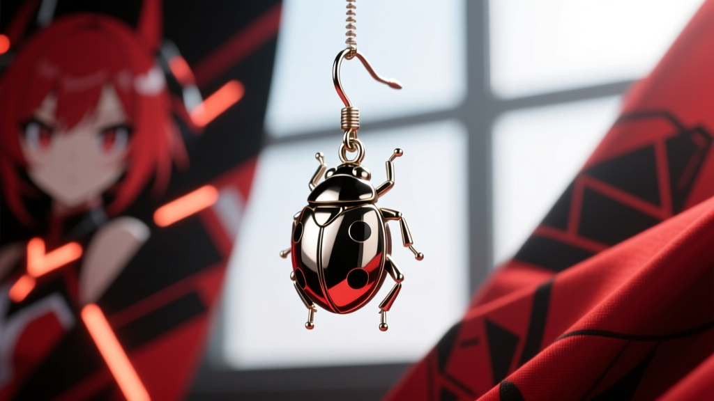 Side view of a 20-gauge steel ladybug dangle earring catching light against a blurred red and black cosplay background.