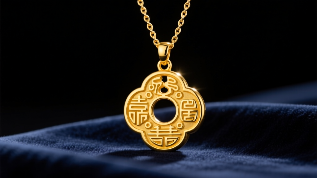 Macro shot of an 18k yellow gold Shou longevity pendant on a rope chain, resting on dark navy velvet under warm studio lighting.