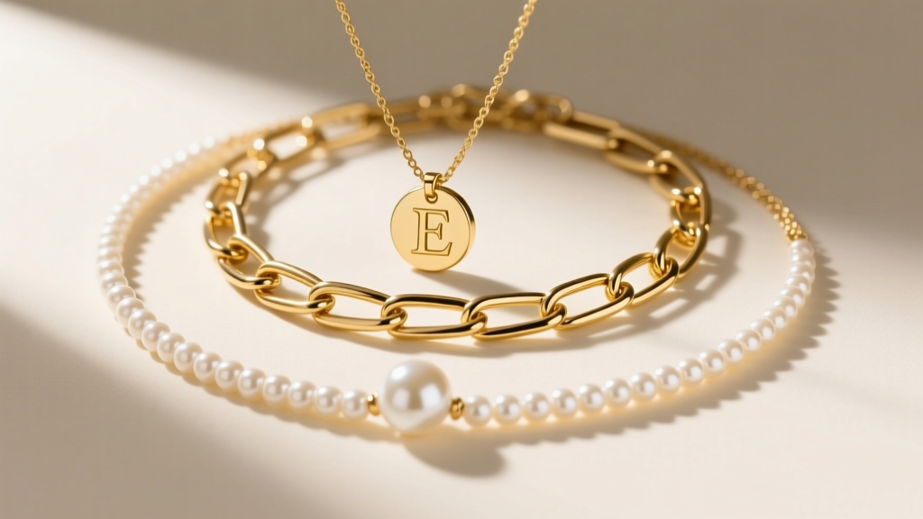 Flat lay of three layered gold necklaces featuring a tiny pearl choker, an initial necklace pearl, and a textured paperclip chain