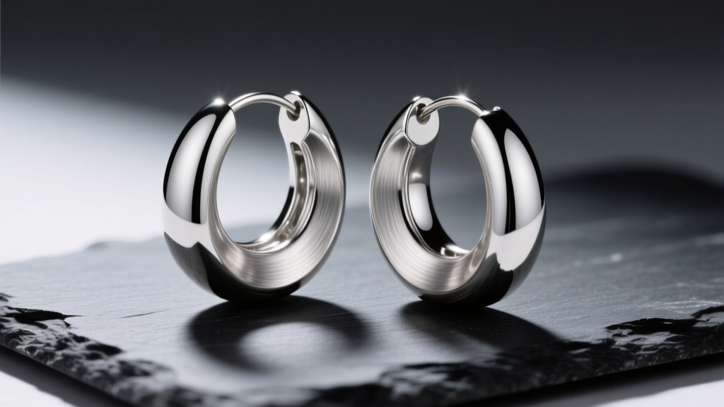Thick sterling silver hoop earrings with a brushed finish resting on dark slate under moody directional studio lighting.