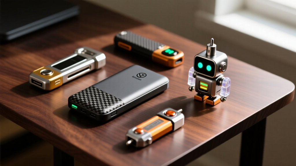 Flat lay of EDC tech gadgets under 50 dollars including carbon fiber power bank and robot charger on a dark wooden desk