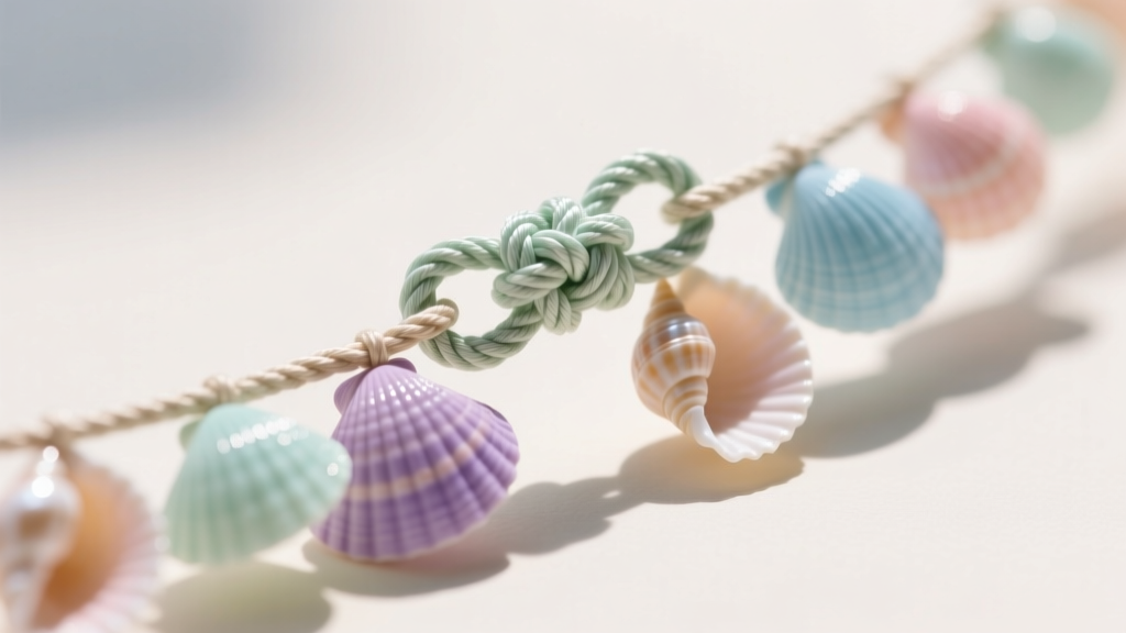 Close-up of miniature pastel tellin seashells on waxed nylon cord, highlighting a secure macrame sliding knot closure detail