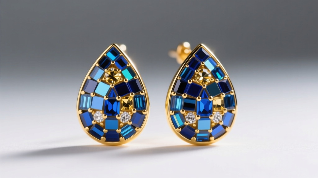 Macro shot of micro-mosaic drop earrings with blue and gold glass tesserae in 18k yellow gold bezels under bright studio lighting