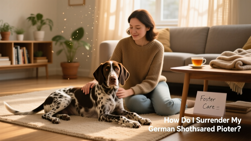 A gentle German Shorthaired Pointer resting calmly beside a foster caregiver in a cozy living room