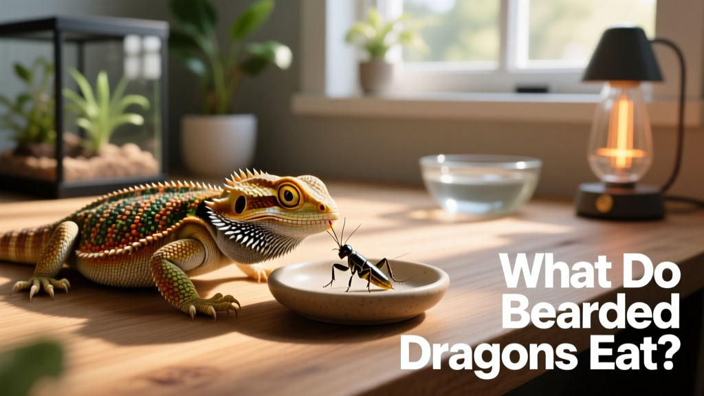 A healthy adult bearded dragon eating a cricket from a shallow dish