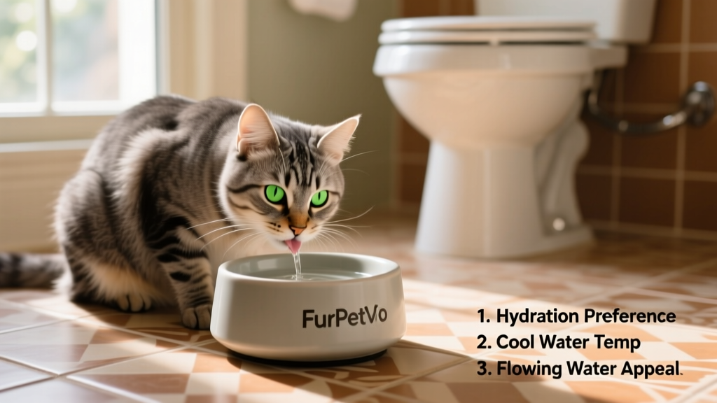 Happy cat comfortably drinking from a FurPetVo ceramic water bowl on a tiled bathroom floor