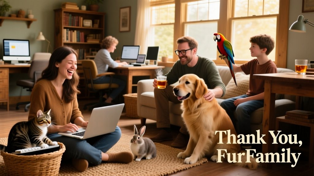 A diverse group of FurPetVo community members working remotely alongside their cats, dogs, and other pets