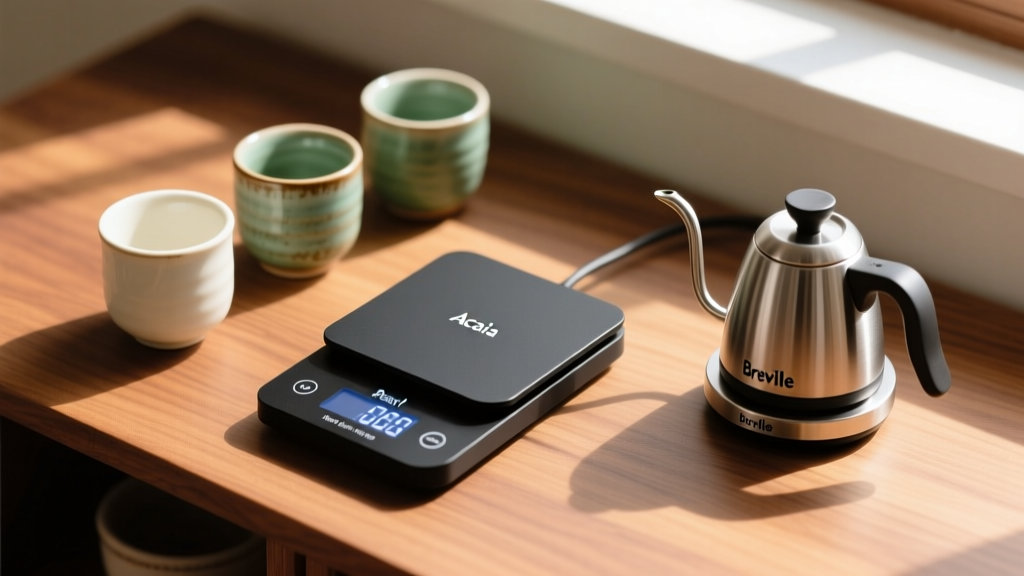 Overhead view of a tiny coffee bar showing an Acaia Pearl smart scale, ceramic cups, and a Breville Smart Tea Infuser Compact on wood
