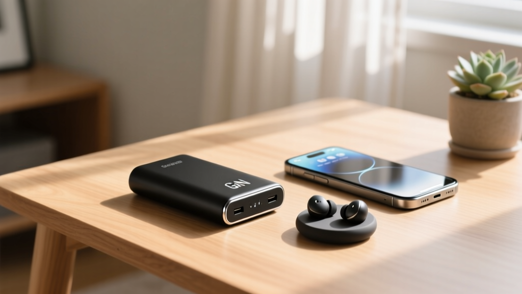 A sleek high-capacity GaN power bank resting on a wooden desk next to a folded smartphone and wireless earbuds in a sunlit room.