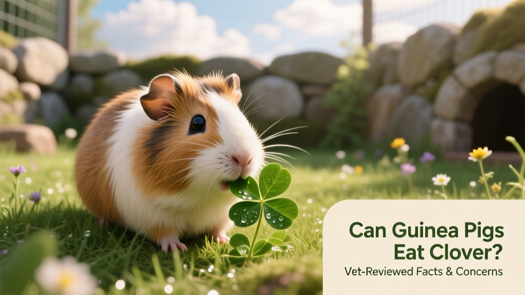 Guinea pig nibbling fresh clover leaves in a grassy outdoor enclosure