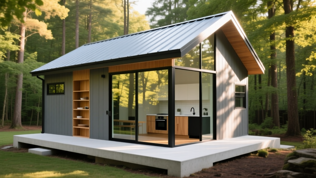 Modern 800 sq ft accessory dwelling unit with fiber cement siding, metal roof, and large windows in a wooded backyard