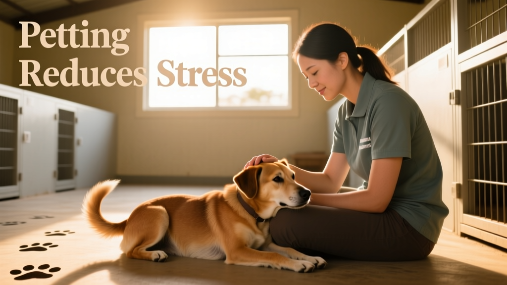 A calm volunteer gently petting a relaxed shelter dog in a quiet kennel area