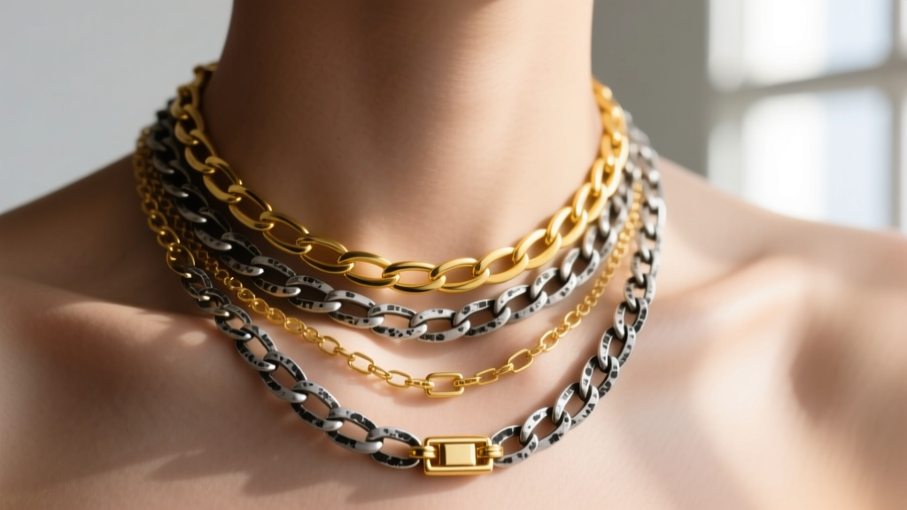 Close-up of layered necklaces mixing 14k yellow gold and oxidized sterling silver chains on a collarbone in soft natural light.