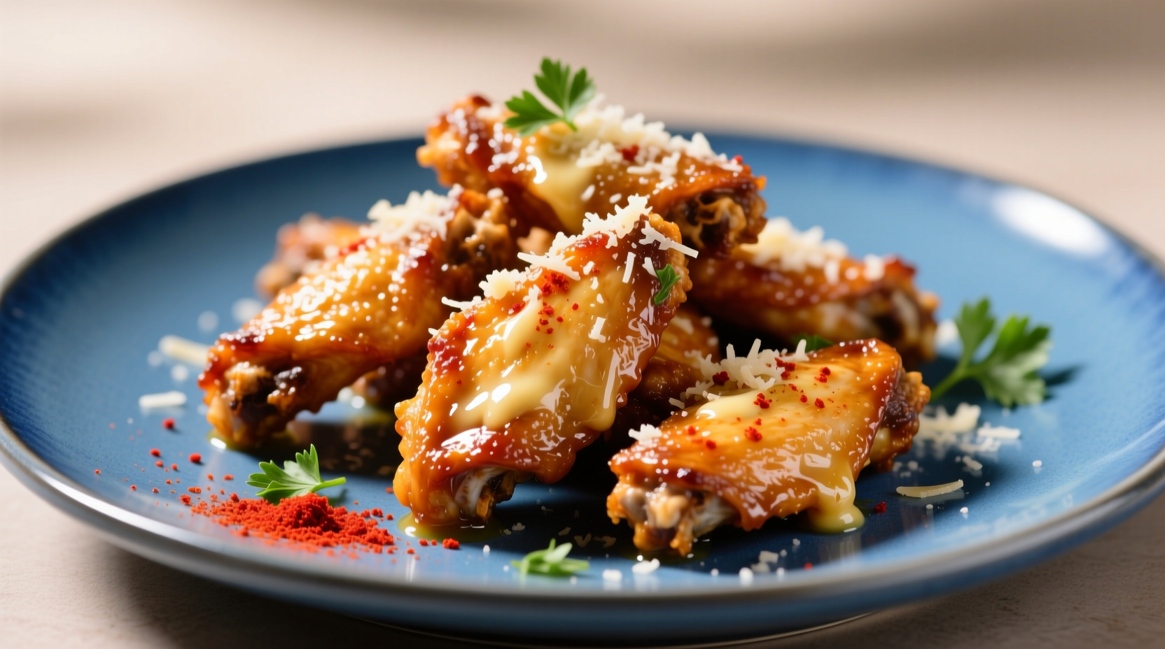 Crispy garlic parmesan buffalo wings on blue plate