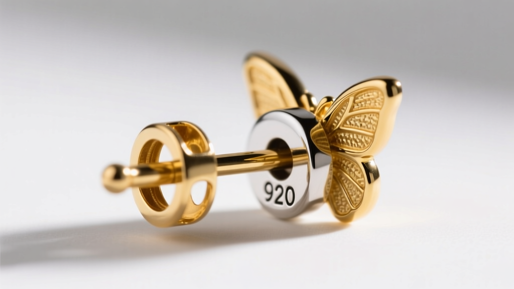 Macro view of a 20-gauge gold vermeil earring post and butterfly back, revealing the 925 sterling silver base metal hallmark stamp.