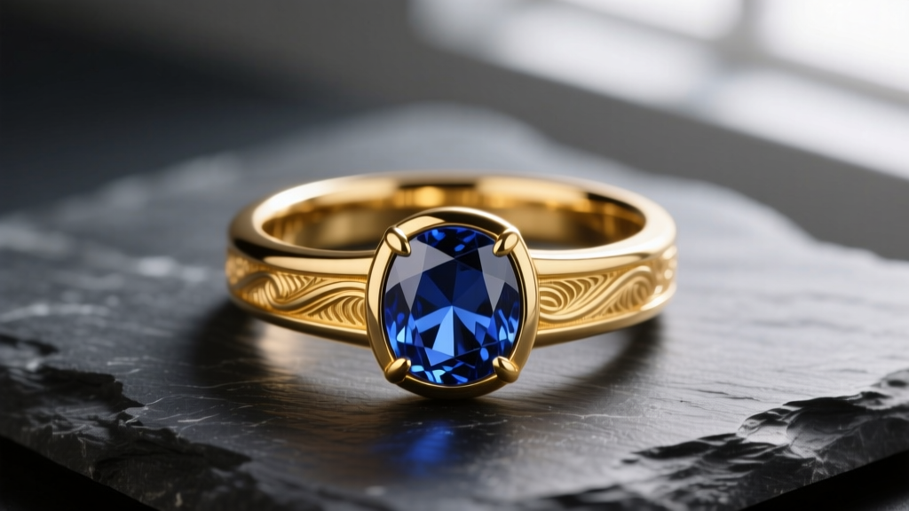 Macro shot of an 18k yellow gold bespoke ring with a bezel-set sapphire on dark slate under soft directional lighting