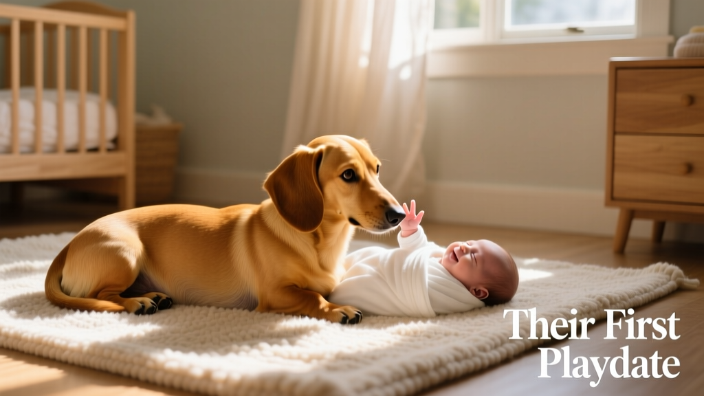 Dachshund and baby sharing a sunlit moment on a rug, both looking peacefully at each other