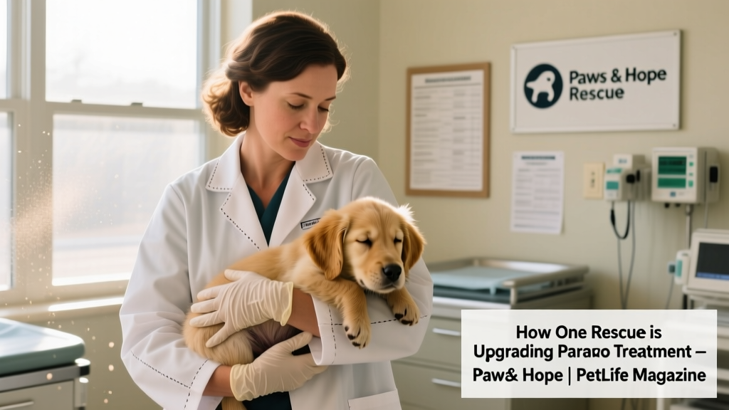Dr. Ellen Jefferson gently holding a recovering puppy in a clinical setting, wearing gloves and a lab coat