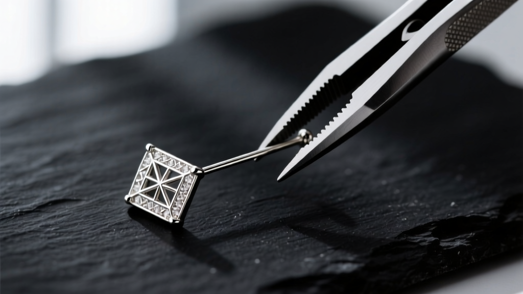 Macro shot of a bent threadless jewelry pin being adjusted with specialized pliers against a dark slate background.