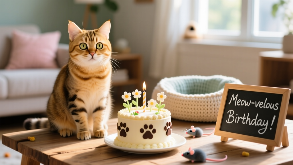 A joyful cat sitting beside a small decorated birthday cake with paw-print decorations