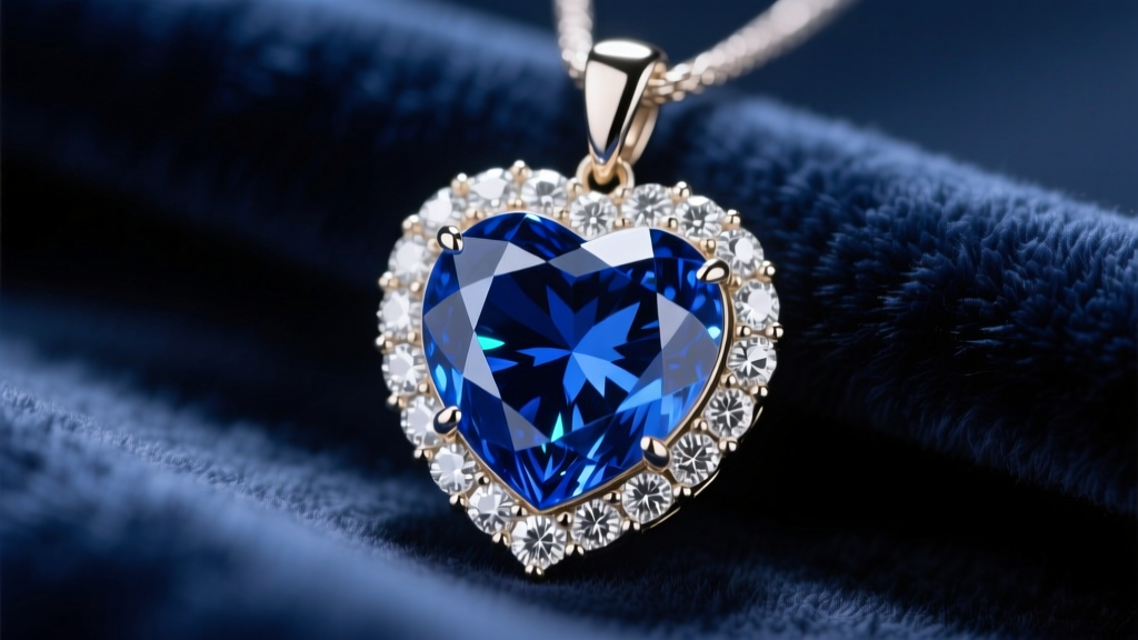 Close-up of a 15-carat blue sapphire heart pendant with a diamond halo, resting on dark navy velvet under soft studio lighting.