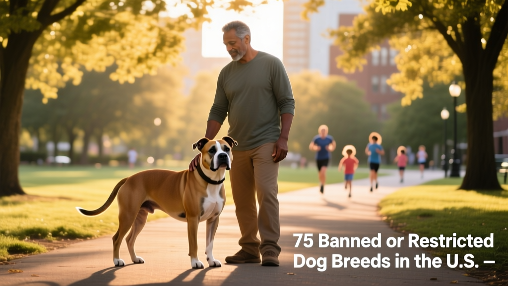 American Pit Bull Terrier standing calmly beside its owner in a park, illustrating responsible ownership and gentle temperament