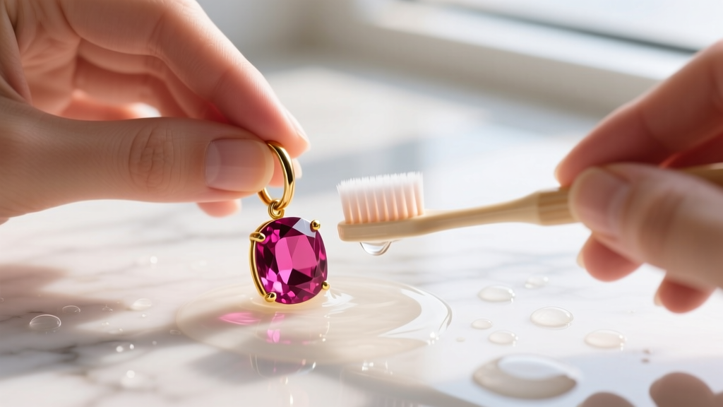 Hands brushing a rubellite huggie earring with a soft toothbrush in warm soapy water to clean it safely without an ultrasonic machine.