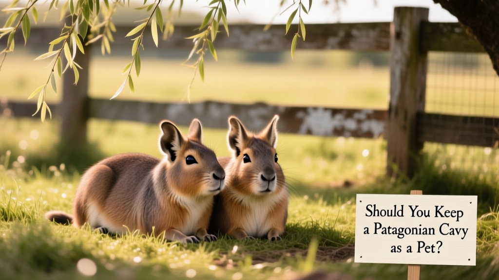 A pair of Patagonian cavies resting side-by-side in a grassy, shaded outdoor pen