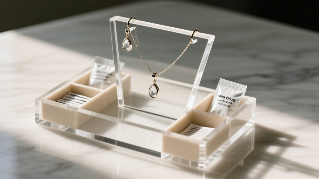 Clear acrylic earring and necklace organizer with silica gel packets and anti-tarnish strips tucked neatly into the base corners