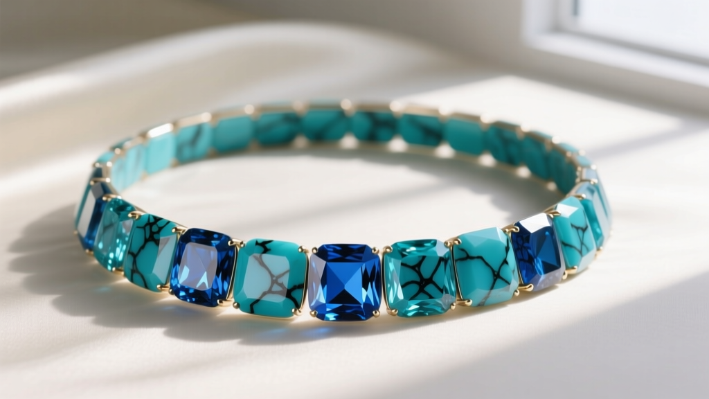 Close-up of a 15-inch turquoise choker necklace featuring vibrant blue stabilized stones with dark matrix on a silk backdrop.