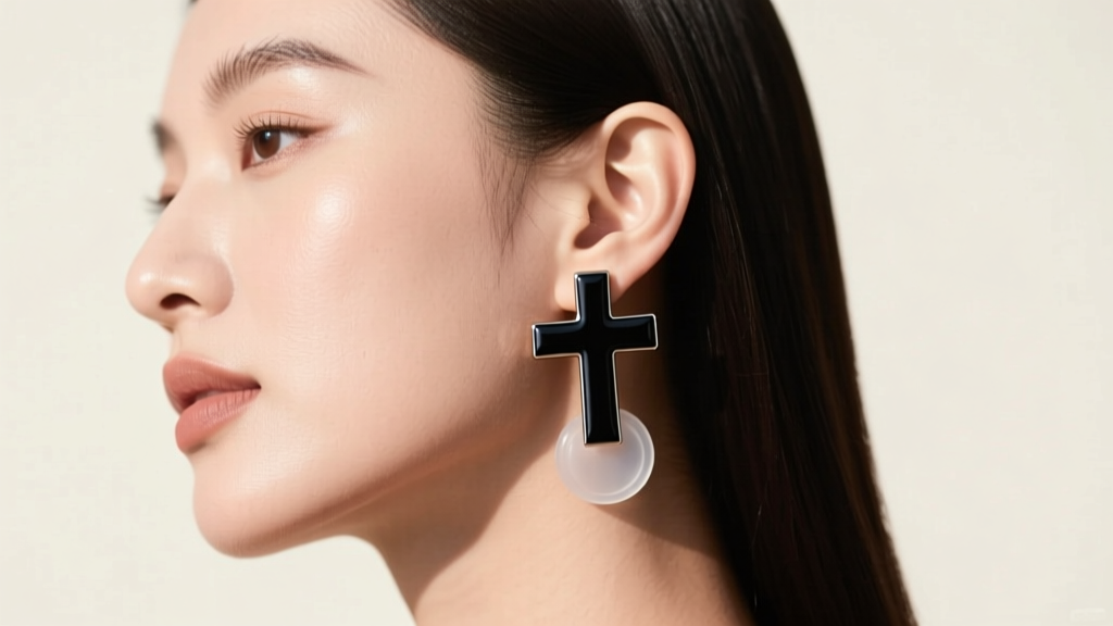Side profile of a woman wearing a black enamel clip on cross earring with a visible clear silicone comfort pad on the lobe