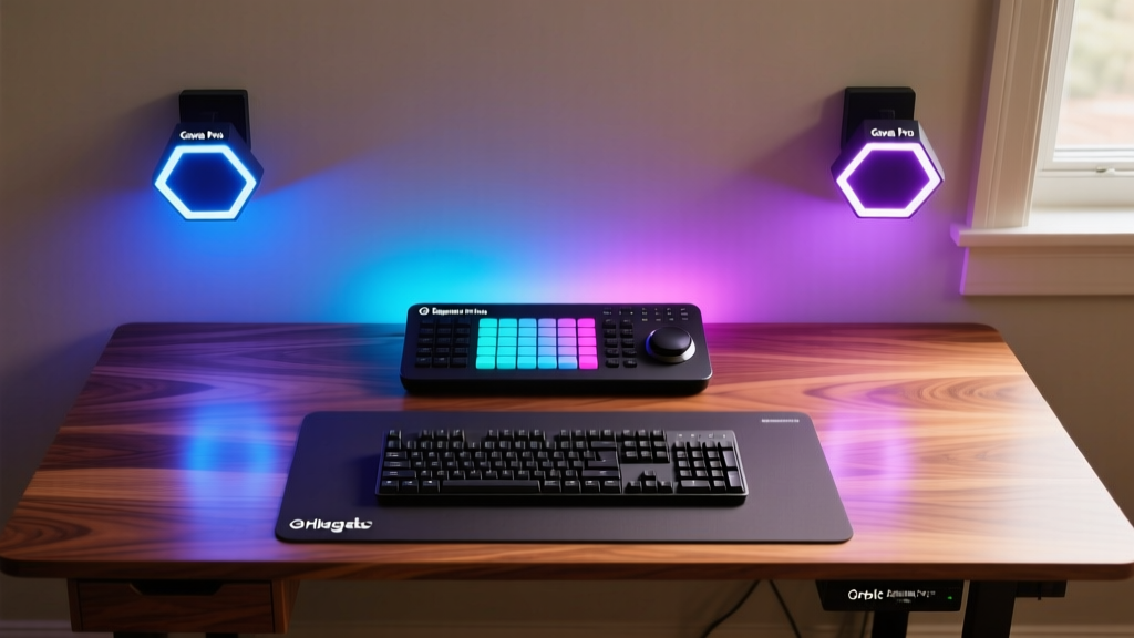 Overhead view of walnut desk featuring Elgato Stream Deck Plus, glowing Govee Hexa Pro wall lights, and dark Orbitkey mat