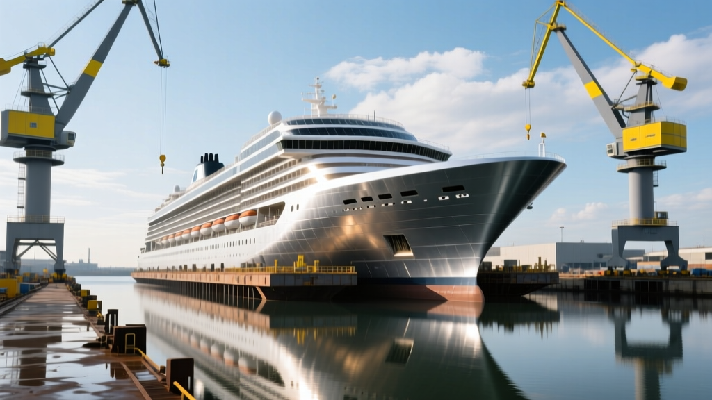 Massive floating drydock revealing the steel hull of a next-generation LNG-powered cruise ship under construction with giant gantry cranes