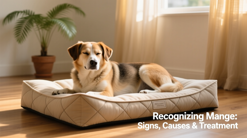 Dog resting comfortably on a soft, washable orthopedic bed in a quiet room