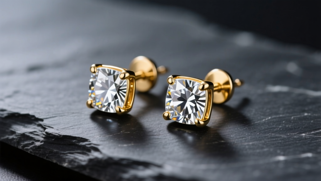 Macro shot of high quality cz stud earrings in 14k gold bezel settings resting on dark slate, illuminated by soft studio lighting.