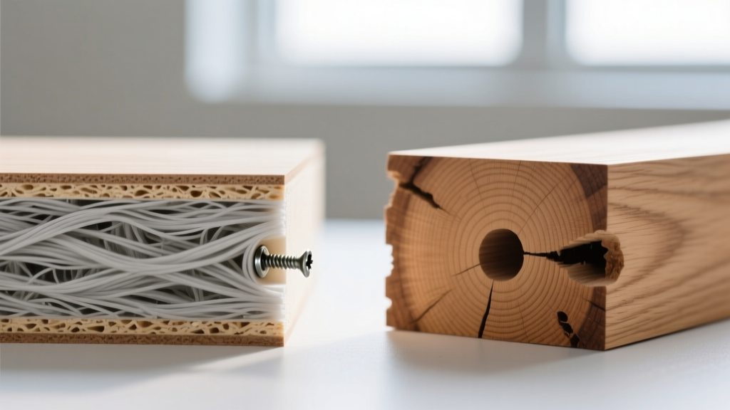 Close-up cross-section of engineered MDF wood next to solid oak, highlighting the screw-holding density differences in furniture.