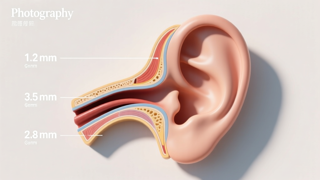 Ear diagram highlighting standard lobe, upper lobe, and helix cartilage placements with corresponding gauge sizes in millimeters