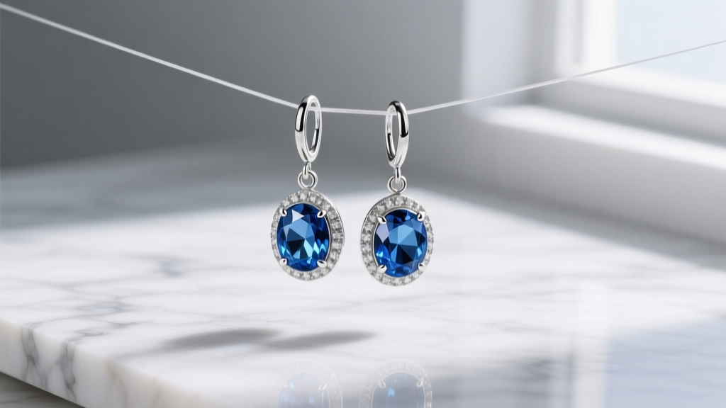 Rhodium-plated 925 silver drop earrings with bezel-set blue topaz gems, photographed on a marble surface with soft lighting.