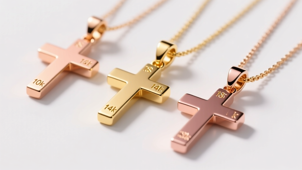 Three sideways cross pendants in 10k, 14k, and 18k gold, showing subtle color variations under bright, diffused studio lighting.